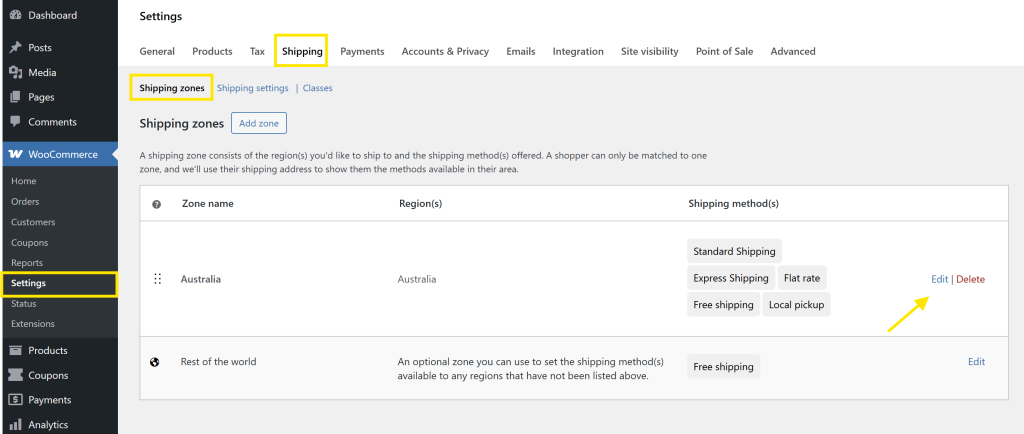 WooCommerce settings screen showing list of shipping zones and their methods with Edit link highlighted
