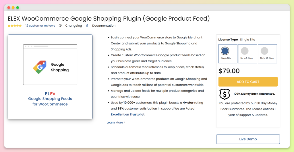 ELEX WooCommerce Google Shopping plugin product page