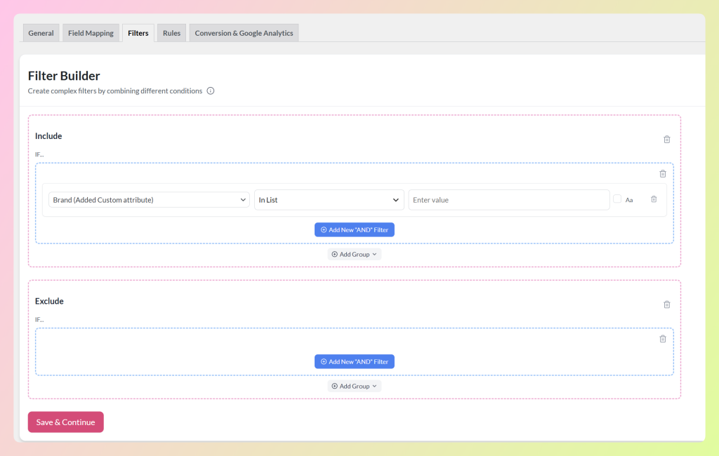 Filter Builder Include section with the Brand attribute and In List condition selected