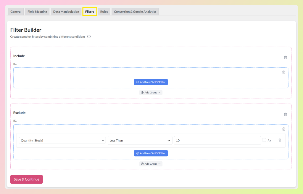 AdTribes filter builder showing an exclude filter for products with stock quantity less than 10
