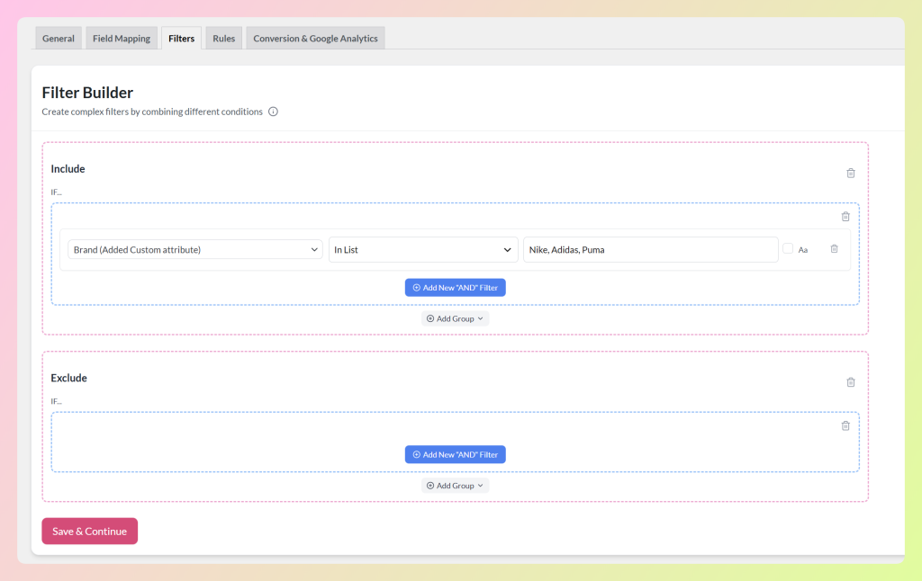 In List condition matching three brand values in a single product feed filter row
