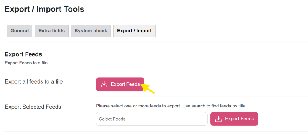 Export Feeds button in the WooCommerce Product Feed Export/Import interface