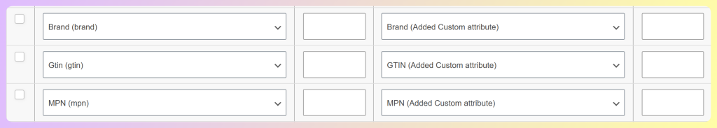 AdTribes Elite field mapping with Brand, Gtin, and MPN attributes mapped to custom attribute values