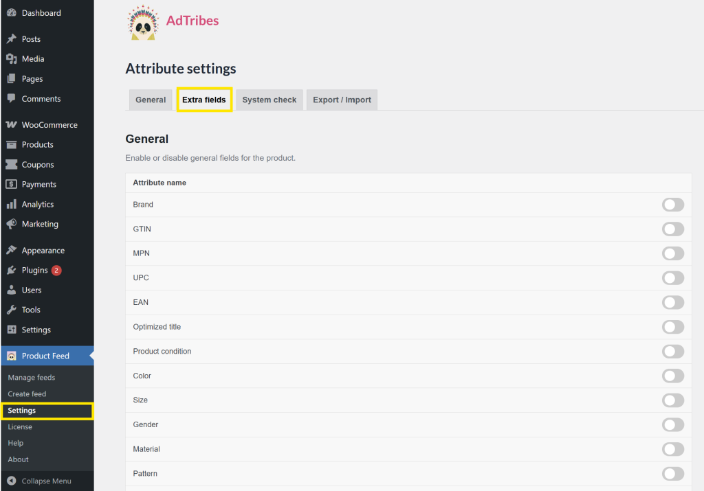 WooCommerce Product Feed ELITE settings page with Extra Fields tab highlighted for enabling shipping attributes