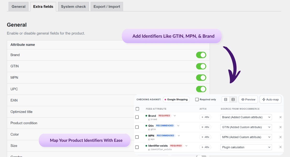 Screenshot of a product feed setup showing Google Shopping as the selected channel, with a dropdown listing many sales channels.