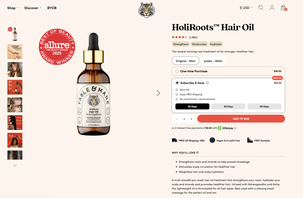 Fable & Mane’s product page for HoliRoots Hair Oil showing subscription options, reviews, benefits, and product image gallery