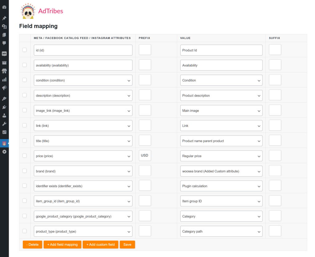 The Facebook product feed settings, specifically the field mapping settings, showing many fields consisting of attributes and WooCommerce values