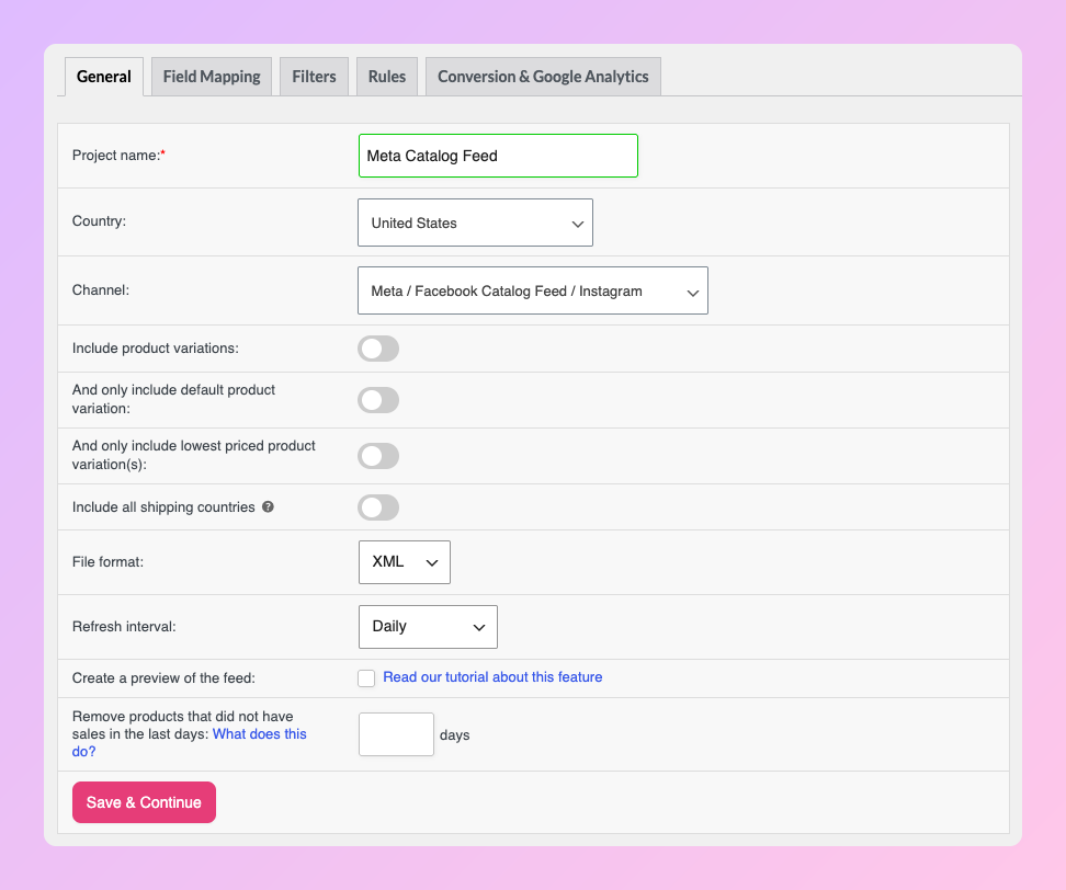 facebook-for-woocommerce-alternative-general-meta-channel - AdTribes AdTribes Allgemein-Tab mit dem Meta / Facebook-Katalog-Feed / Instagram-Kanal und XML-Format ausgewählt