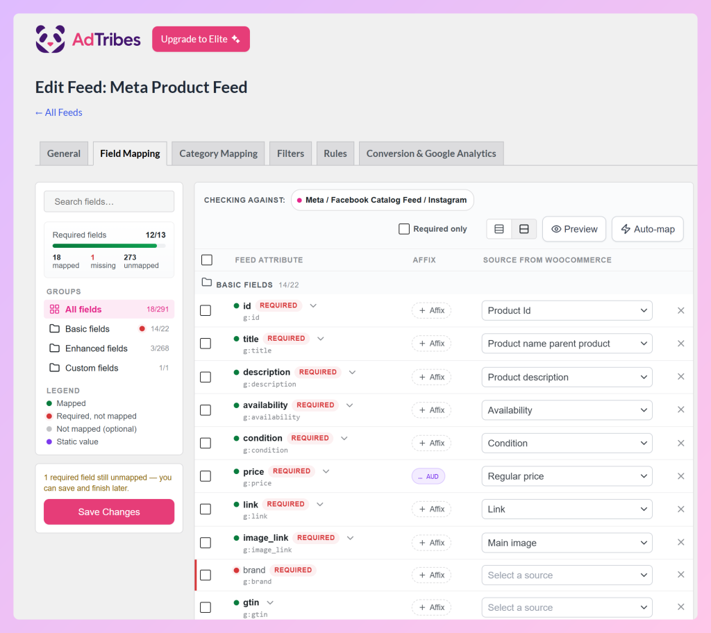 facebook-for-woocommerce-alternative-meta-field-mapping - AdTribes AdTribes Feldzuordnungs-Tab für einen Meta-Feed mit vordefinierten erforderlichen Feldern und noch zuzuordnender Marke
