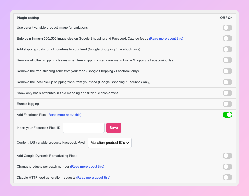facebook-for-woocommerce-alternative-settings-meta-pixel - AdTribes AdTribes Product Feed Pro-Einstellungen mit dem Add Facebook Pixel-Schalter und dem Pixel ID-Feld