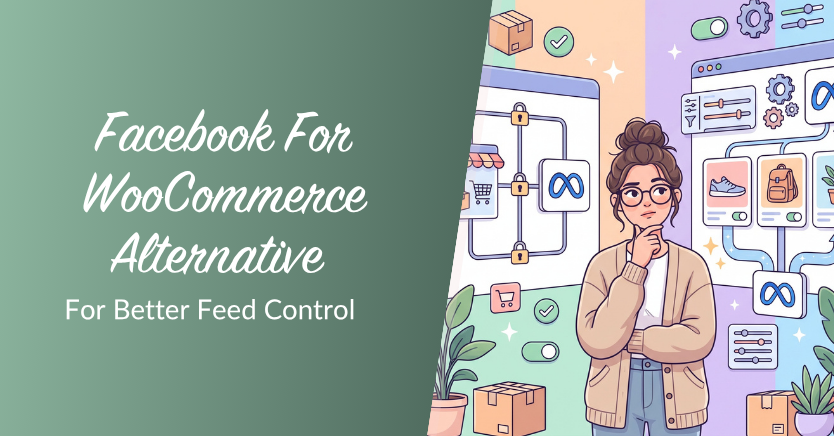 Werbebanner: "Facebook For WooCommerce Alternative" Text links mit einer Frau neben bunten E-Commerce-Dashboards rechts.