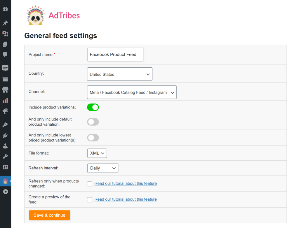 The first page of the Facebook product feed settings, showing various product feed creation options enabling users to name their feed, select the target country and channel, and choose the file format