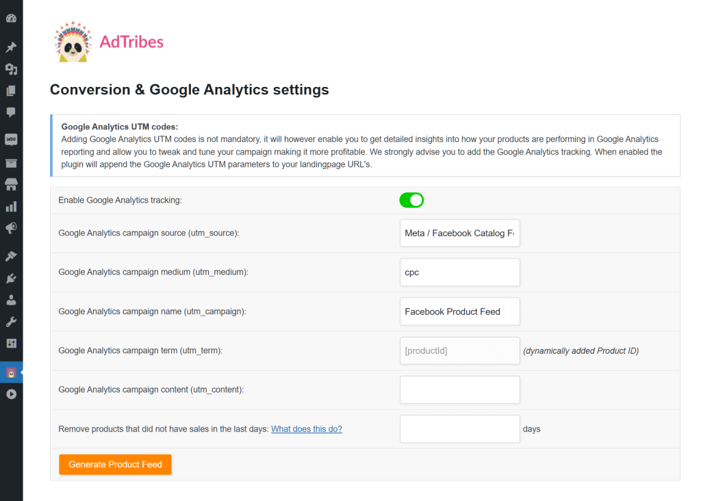 The Facebook product feed settings, specifically the Google Analytics tracking settings, showing various utm parameters and the toggle for enabling and disabling Google Analytics