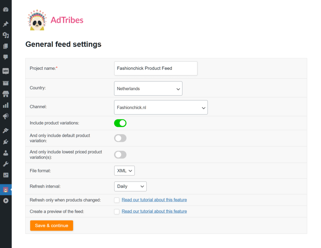 The first page of the Fashionchick product feed settings, showing various product feed creation options enabling users to name their feed, select the target country and channel, and choose the file format