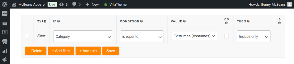 An AdTribes Product Feed filter, in the form of an if-then statement, giving instructions to only include products in the "Costumes" category