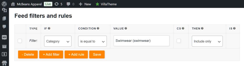 A product feed filter, in the form of an if-then statement, giving instructions to only include items from the "Swimwear" category