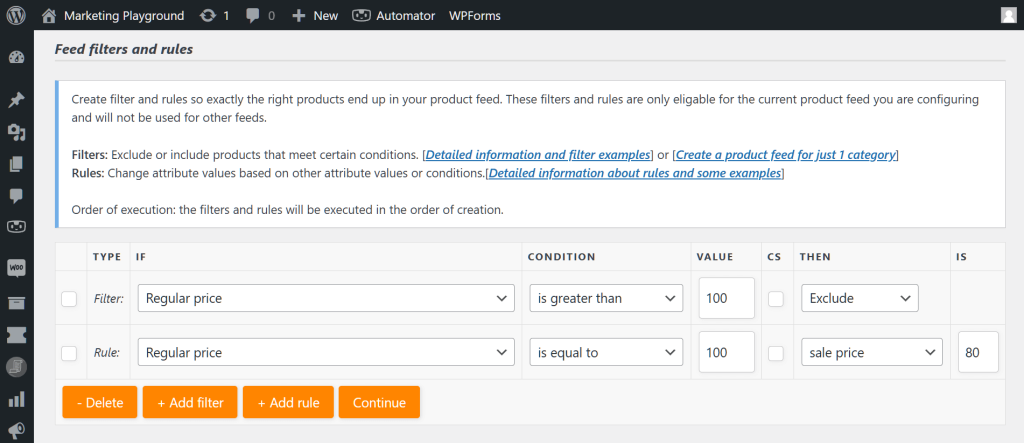 AdTribes' "Feed filters and rules" page, which shows a filter and a rule revolving around price