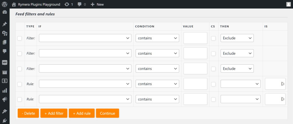 AdTribes' "Feed filters and rules" page, which shows a list of empty feed filters and rules