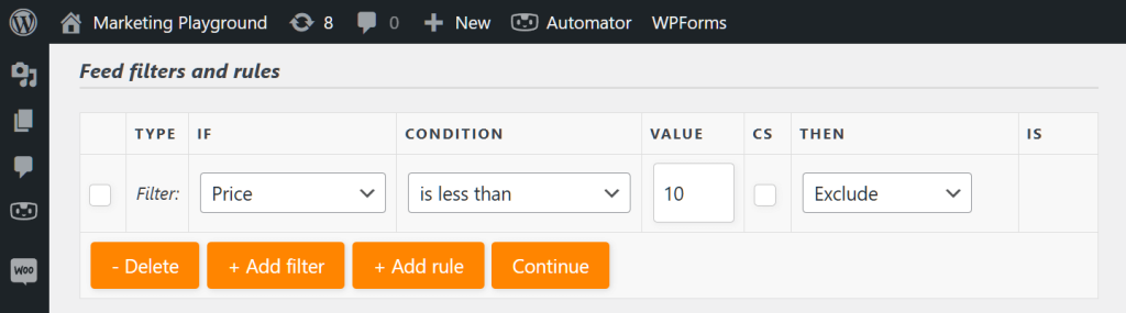 AdTribes' "Feed filters and rules" page, showing a filter that tells the plugin, "If the product's price is less than 10 Euros, then exclude it from the feed"