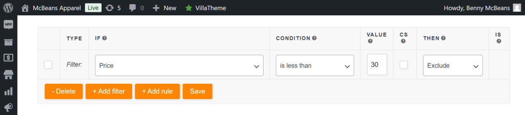 An AdTribes Product Feed filter, in the form of an if-then statement, giving instructions to exclude products less than 30 Euros