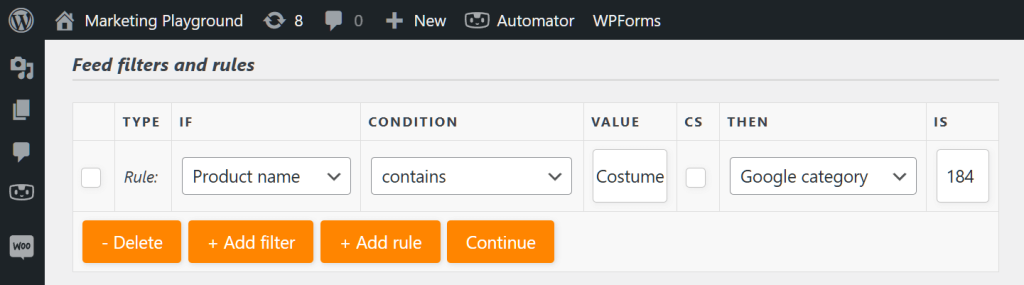 AdTribes' "Feed filters and rules" page, which shows a rule telling the plugin, "If the product name contains the word 'Costume,' then change its Google category to 184 (Apparel & Accessories > Costumes & Accessories)"