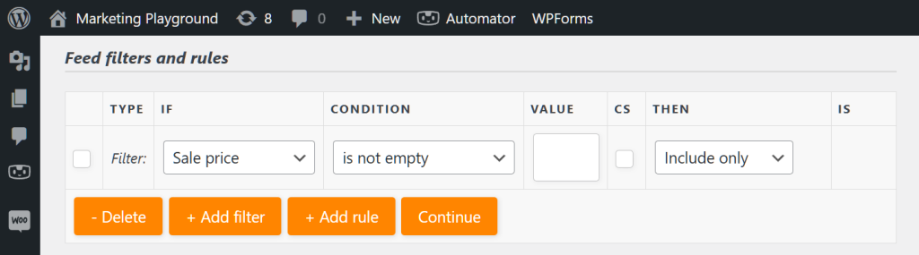 AdTribes' "Feed filters and rules" page, which shows a filter telling the plugin, "If the product has a sale price, then include only this product in the feed"