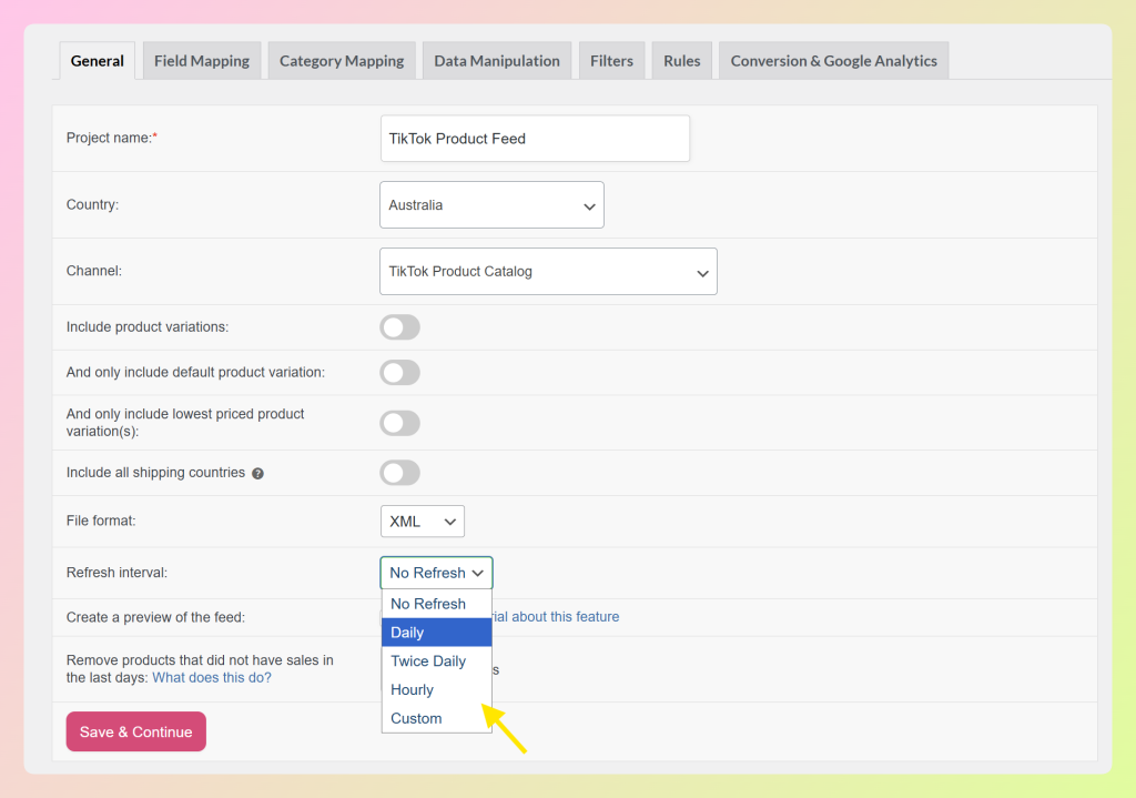 AdTribes General tab showing the refresh interval dropdown for a TikTok product feed