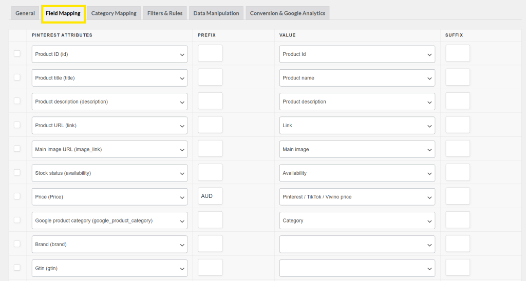 field-mapping - AdTribes Field Mapping tab in AdTribes plugin with Pinterest attributes like Product ID, title, description, image, price, and brand