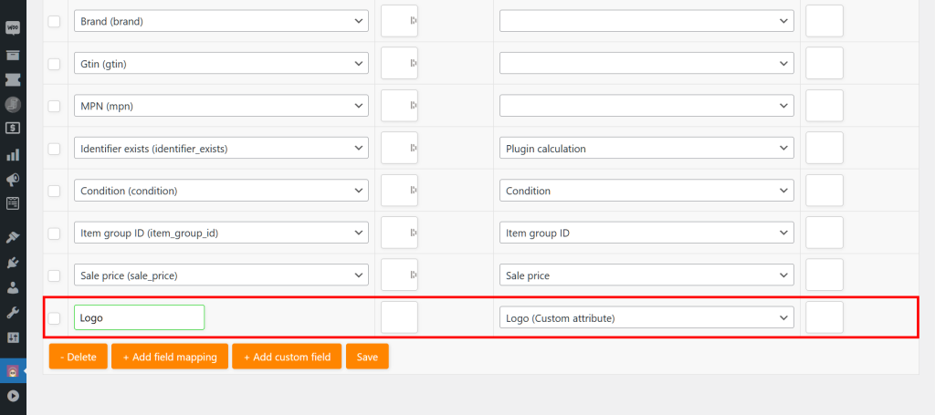 AdTribe's Field mapping page, showing a list of fields, with the custom "Logo" field highlighted in red