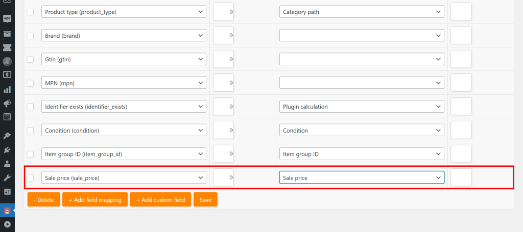 AdTribe's Field mapping page, showing a list of fields, with the "Sale Price" field highlighted in red