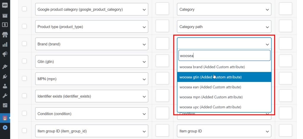 AdTribes Product Feed Elite's Field mapping screen, showing the corresponding values for attributes