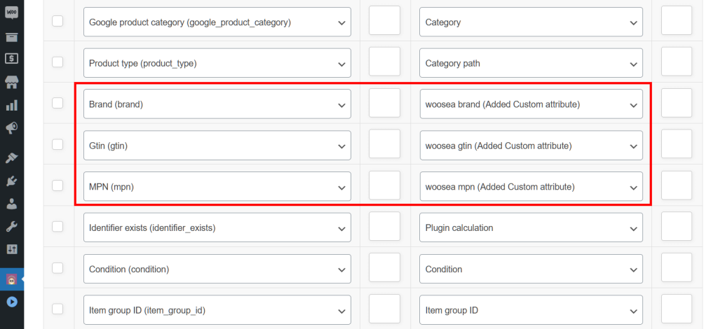 AdTribes Product Feed Elite's Field mapping screen, showing product identifiers GTIN, MPN, and Brand and their matching values woosea gtin, woosea mpn, and woosea brand.