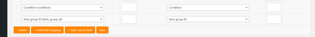 AdTribes' field mapping phase of the product feed creation process, showing the attributes Condition and Item group ID