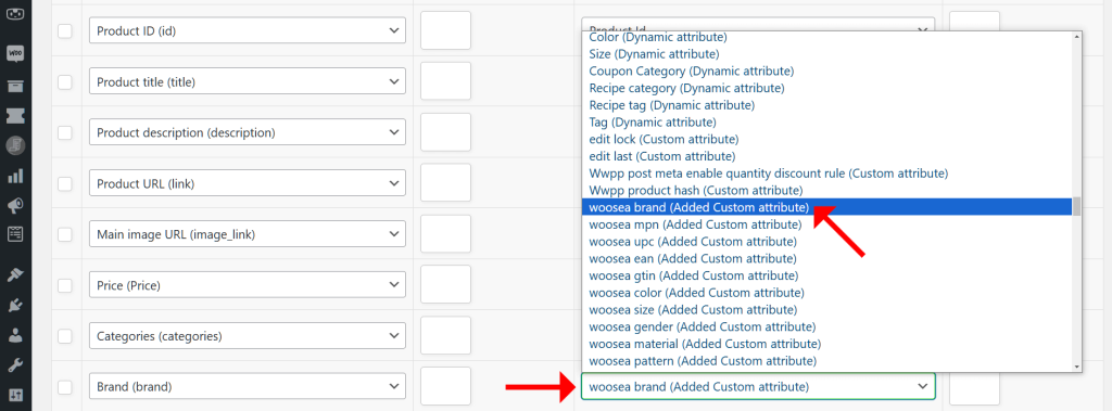 AdTribes' "Field Mapping" section, which includes a list of Custom Feed Attributes and WooCommerce Values, with a special focus on a dropdown menu and the selection of the Value "woosea brand: