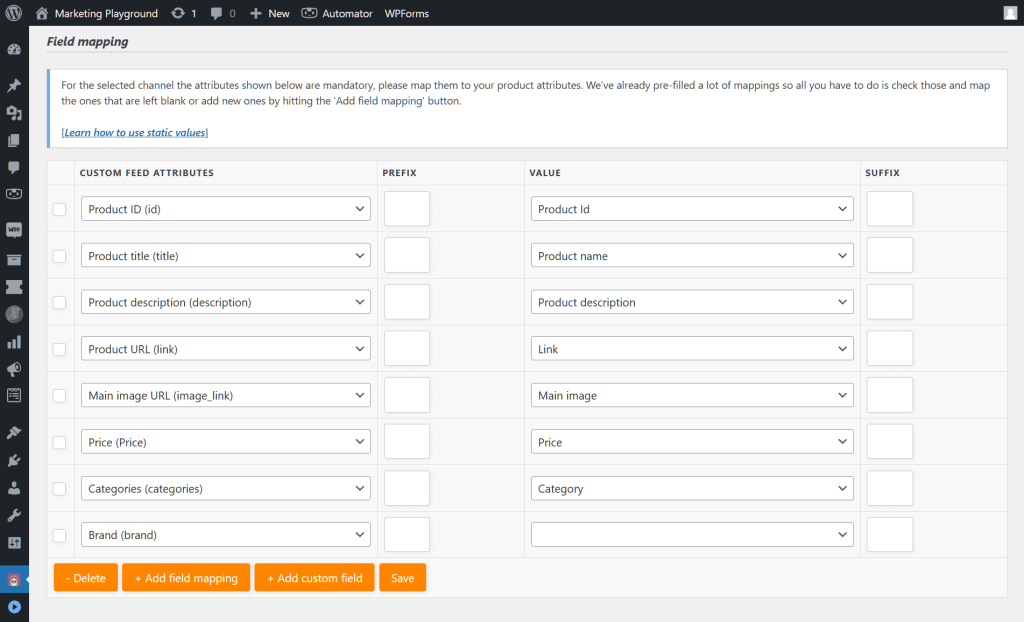 AdTribes' "Field Mapping" section, which includes a list of Custom Feed Attributes and WooCommerce Values