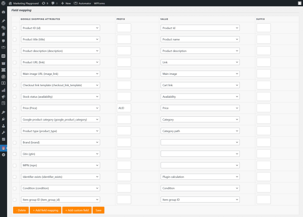 AdTribes' Field Mapping section, which includes a list of Google fields and WooCommerce attributes