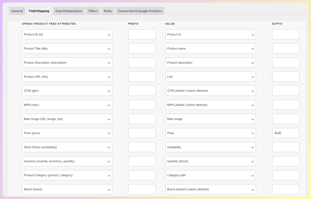 AdTribes Google Shopping feed template field mapping screen
