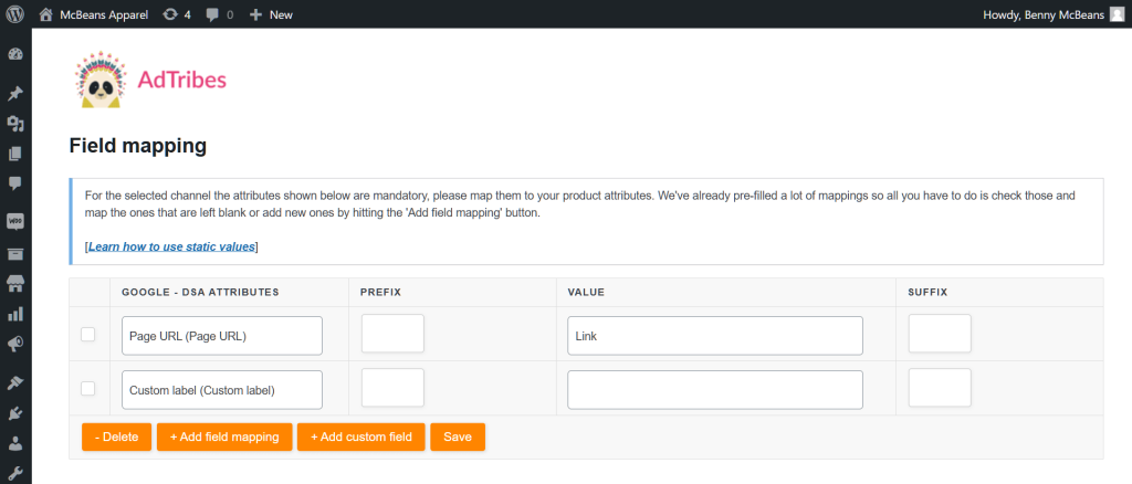 AdTribes Product Feed plugin's field mapping phase of the product feed creation process, showing the Google DSA template and its ready-made feed attributes that mees Google feed specification