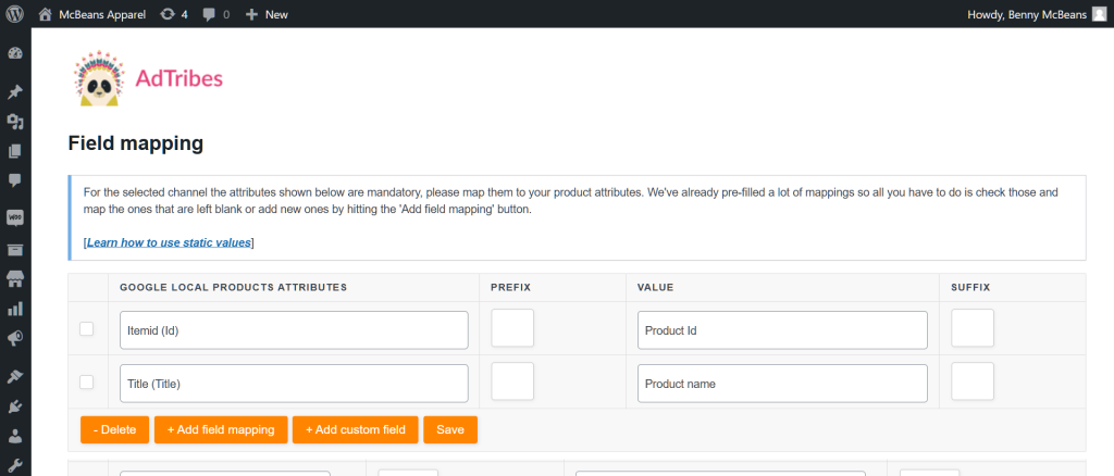 AdTribes Product Feed plugin's field mapping phase of the product feed creation process, showing the Google Local Products template and its ready-made feed attributes that mees Google feed specification