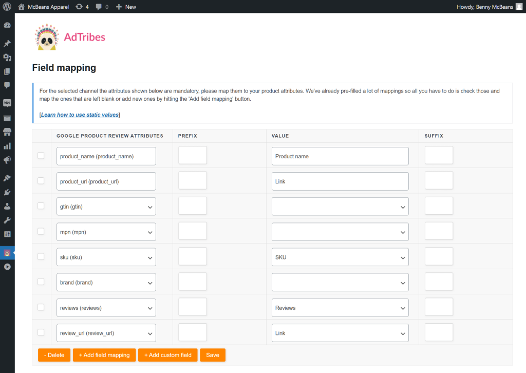 AdTribes Product Feed plugin's field mapping phase of the product feed creation process, showing the Google Product Review template and its ready-made feed attributes that meet Google feed specification