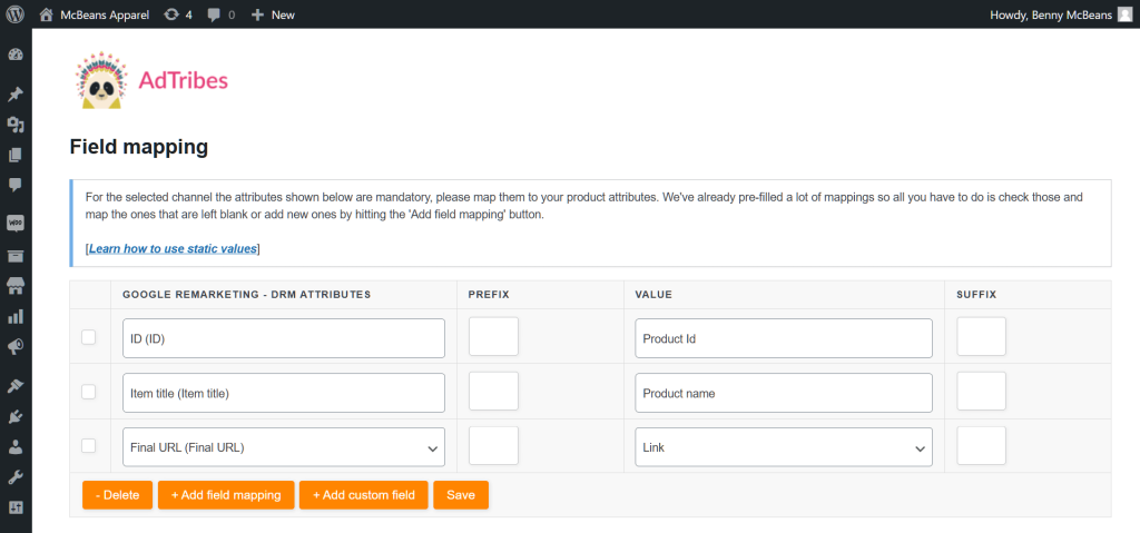 AdTribes Product Feed plugin's field mapping phase of the product feed creation process, showing the Google Remarketing DRM template and its ready-made feed attributes that mees Google feed specification