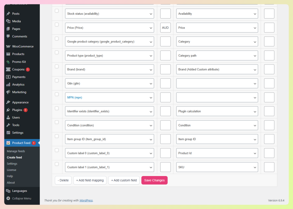 Product Feed Pro field mapping screen showing item_group_id mapped in the feed settings