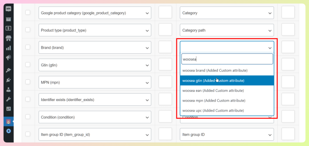 GTIN field mapped to a WooCommerce custom attribute in AdTribes