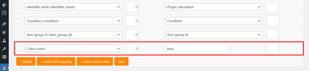 AdTribe's Field mapping page, showing a list of fields, including the "Color" field and the Static value "Blue"