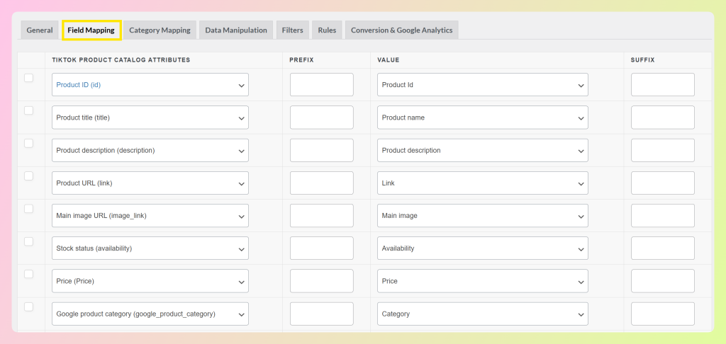 AdTribes Field Mapping tab showing TikTok product catalog attributes mapped to WooCommerce fields