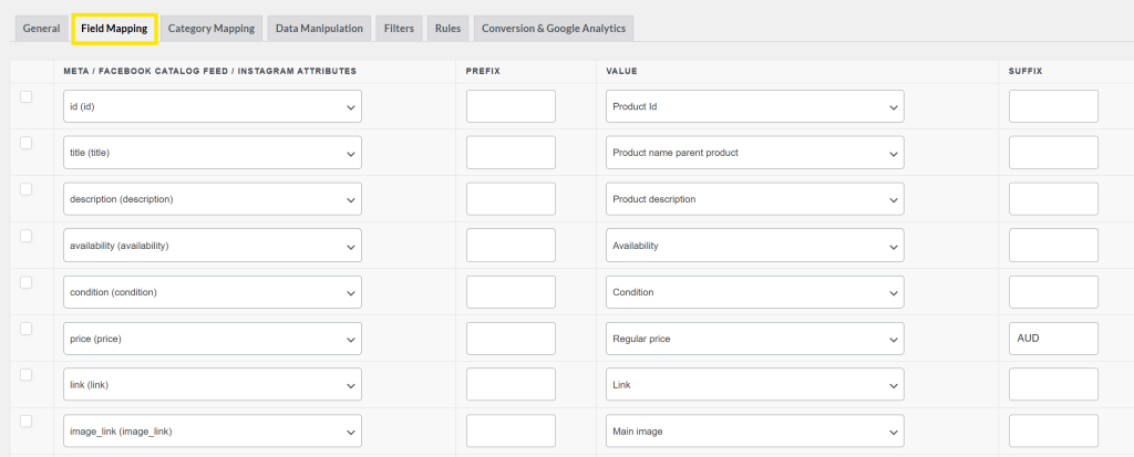 Meta catalog field mapping step where product data is aligned with required attributes, including catalog product video Meta fields