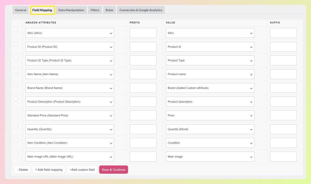 AdTribes field mapping screen showing Amazon attributes matched to WooCommerce product fields