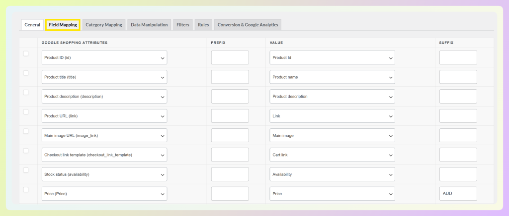 Product feed setup screen with the Field Mapping tab highlighted in AdTribes Product Feed Pro