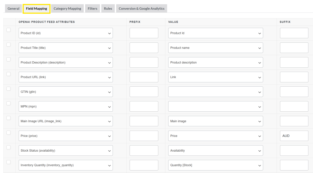 Field Mapping tab in AdTribes showing how product data fields are aligned to OpenAI specs