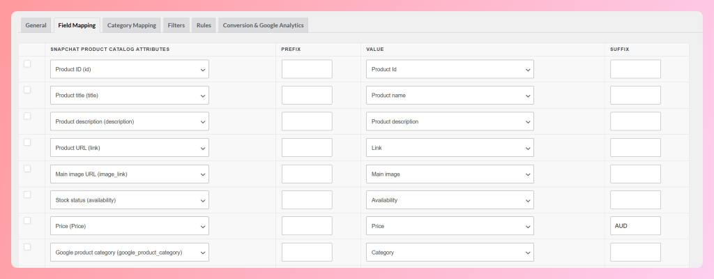 Snapchat field mapping in AdTribes Product Feed Pro